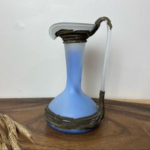 Vintage Romanian Frosted Hand Blown Art Glass Vase Bronze Overlay, Signed 90’s